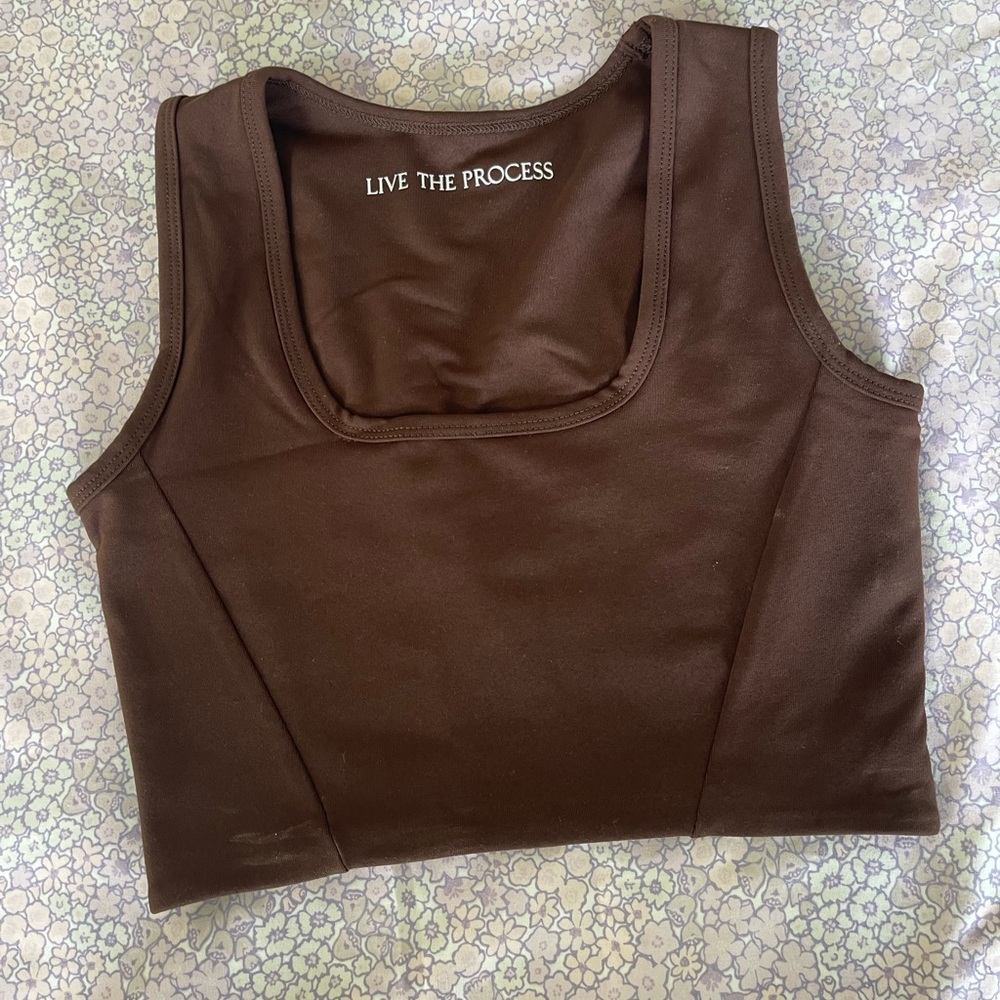 Live The Process Brown Square Neck Crop Tank